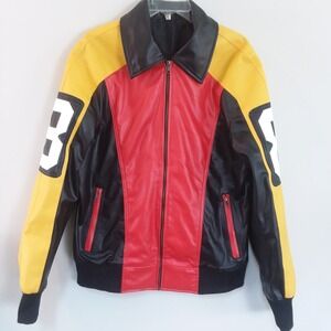 8 Ball Jacket Mens Retro Style Bomber Full Zip Red Yellow Black Faux Leather Lg